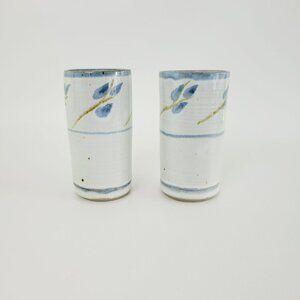 Handcrafted Ceramic Stoneware 16fl. oz. Tumblers or Vases (2), Blue Leaf, Signed